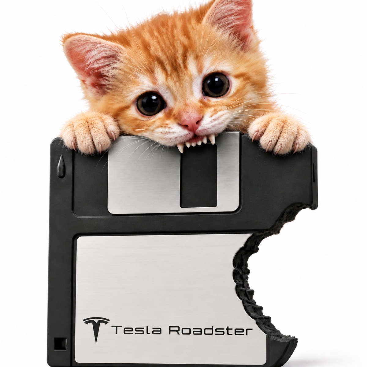 Orange kitten biting a Tesla Roadster floppy disk